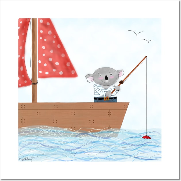 Koala fishing on a boat Wall Art by Charlotsart